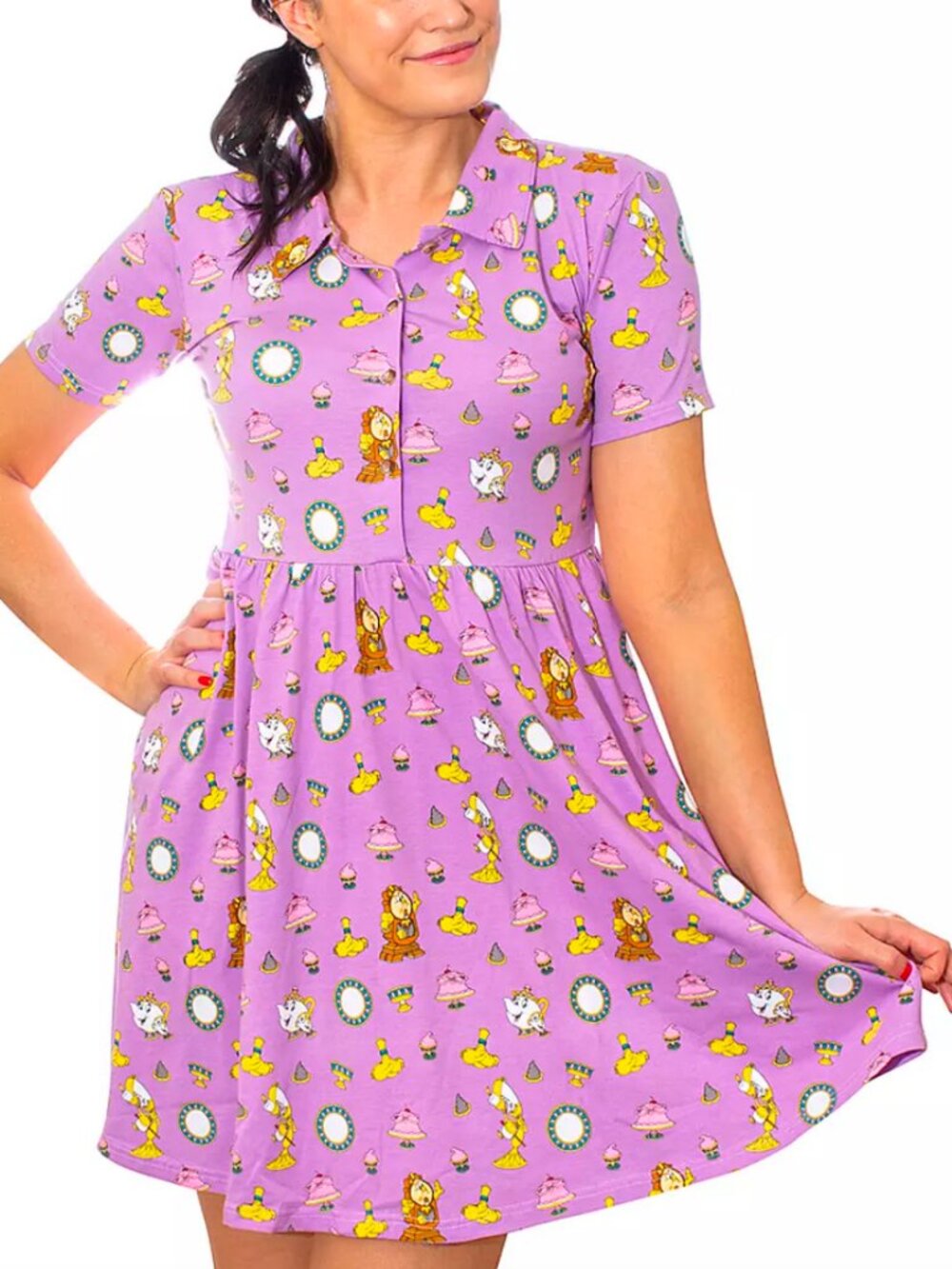 Cakeworthy Disney Short-Sleeved Collared Mini Dress In Beauty and The Beast